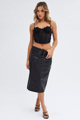 Black Midi Skirt Low Rise Lace Up Front Faux Leather PU