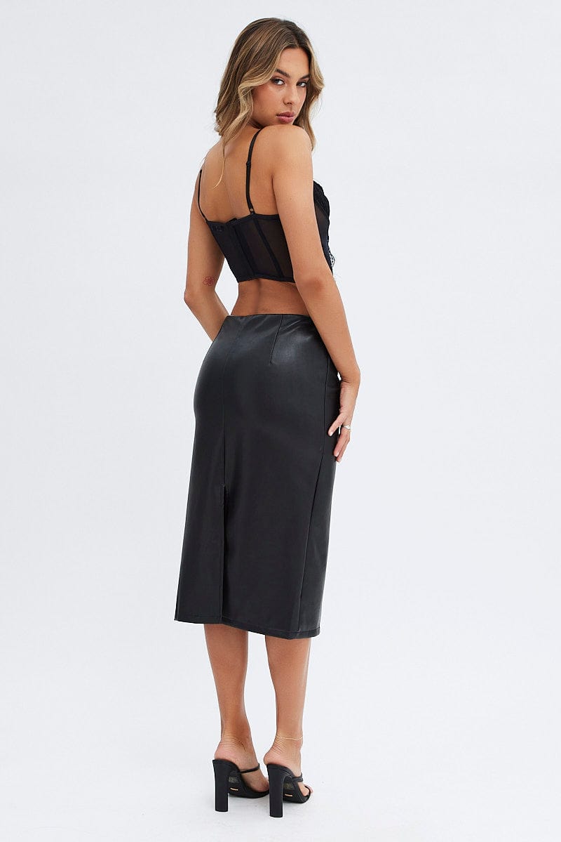 Black Midi Skirt Low Rise Lace Up Front Faux Leather PU