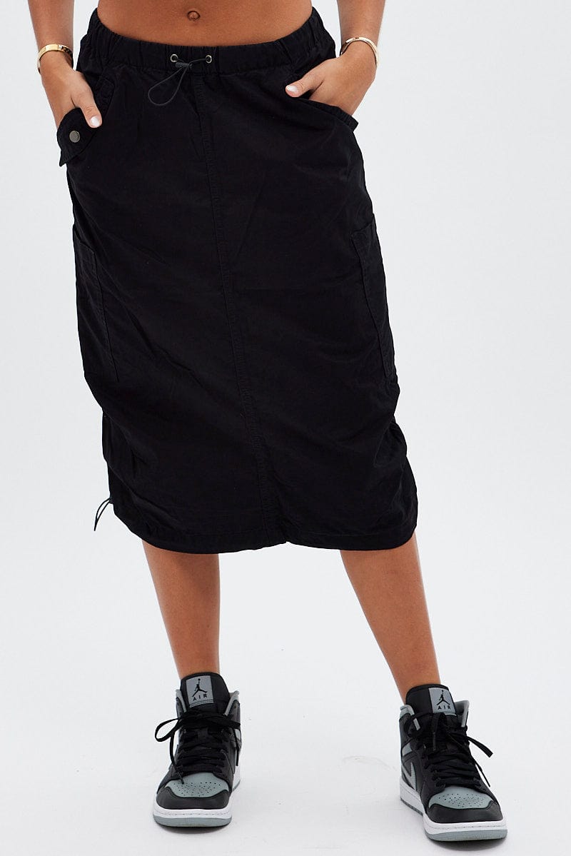 Black Midi Skirt Mid Rise Cargo Drawstring Elastic Waist