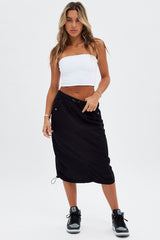 Black Midi Skirt Mid Rise Cargo Drawstring Elastic Waist