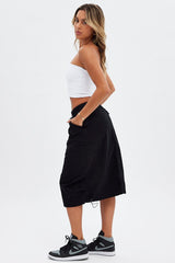 Black Midi Skirt Mid Rise Cargo Drawstring Elastic Waist