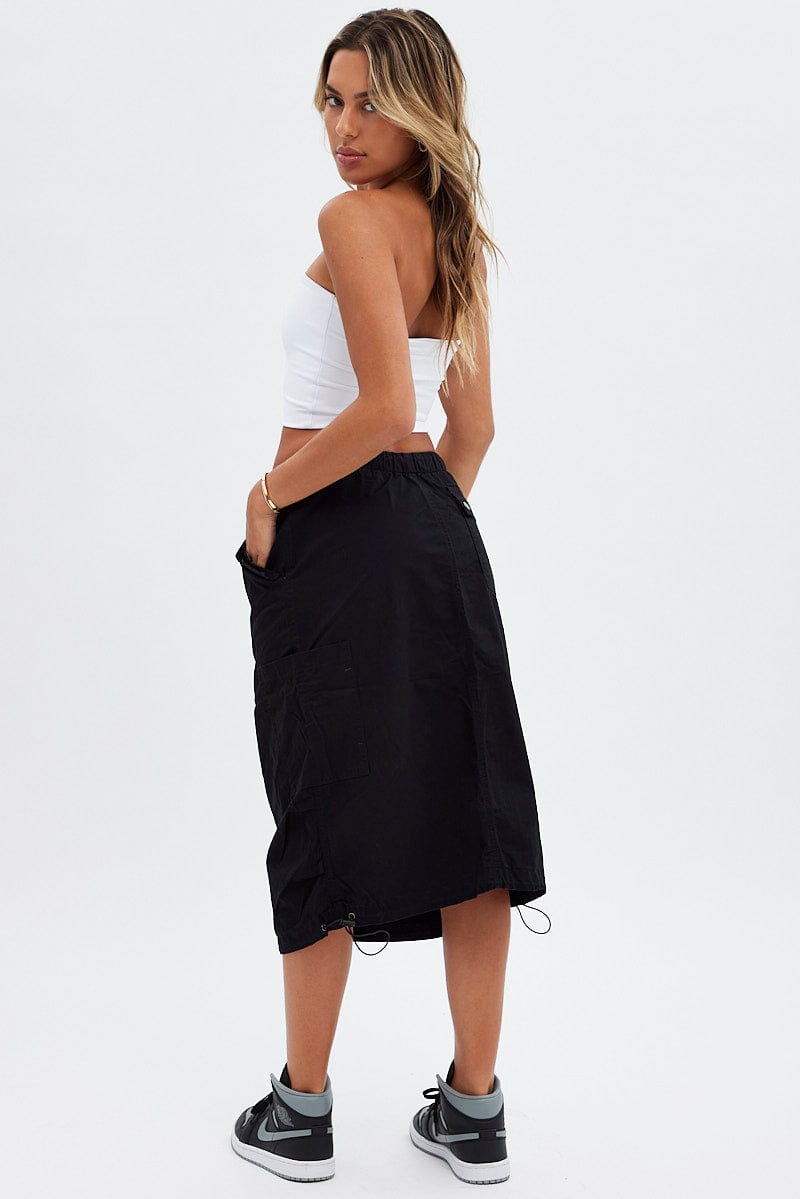 Black Midi Skirt Mid Rise Cargo Drawstring Elastic Waist