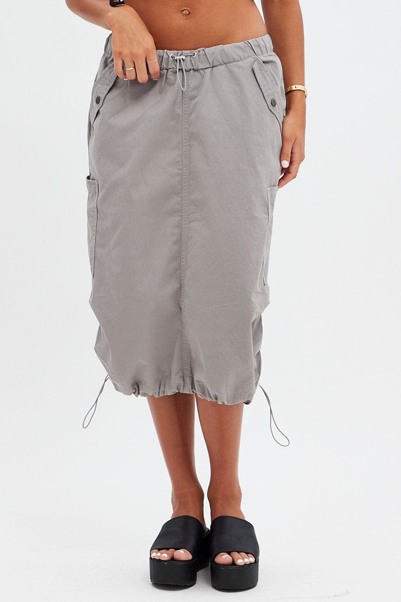 Grey Midi Skirt Mid Rise Cargo Drawstring Elastic Waist