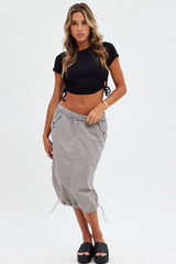 Grey Midi Skirt Mid Rise Cargo Drawstring Elastic Waist