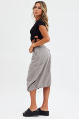 Grey Midi Skirt Mid Rise Cargo Drawstring Elastic Waist