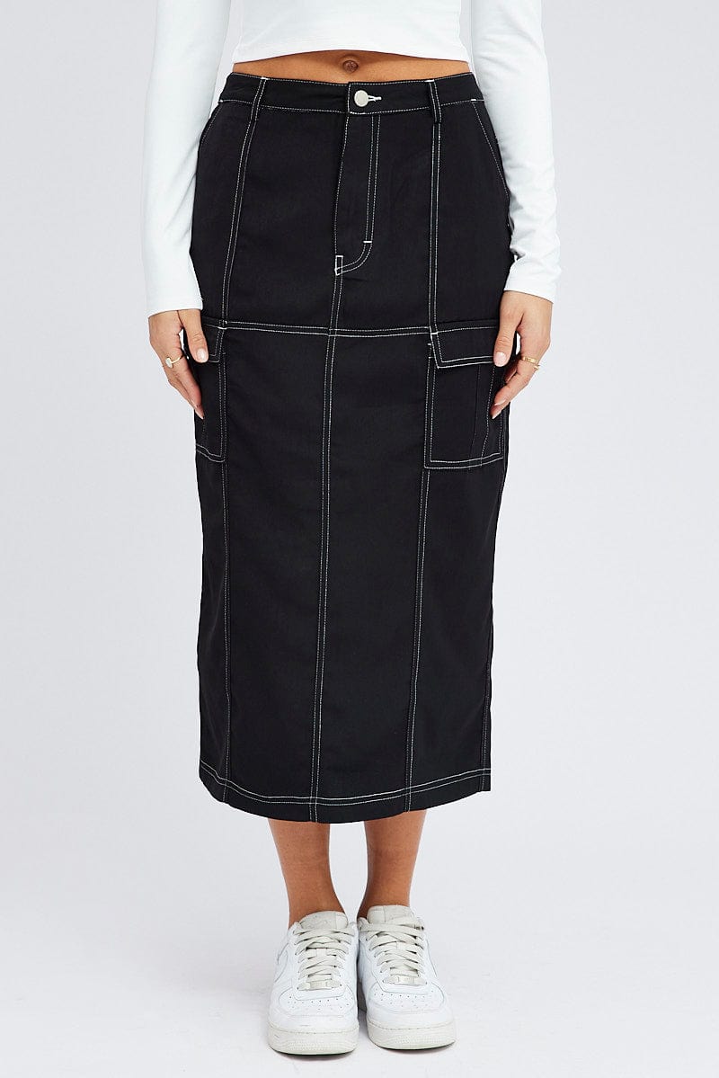 Black Cargo Skirt Mid Rise Contrast Detail Utility