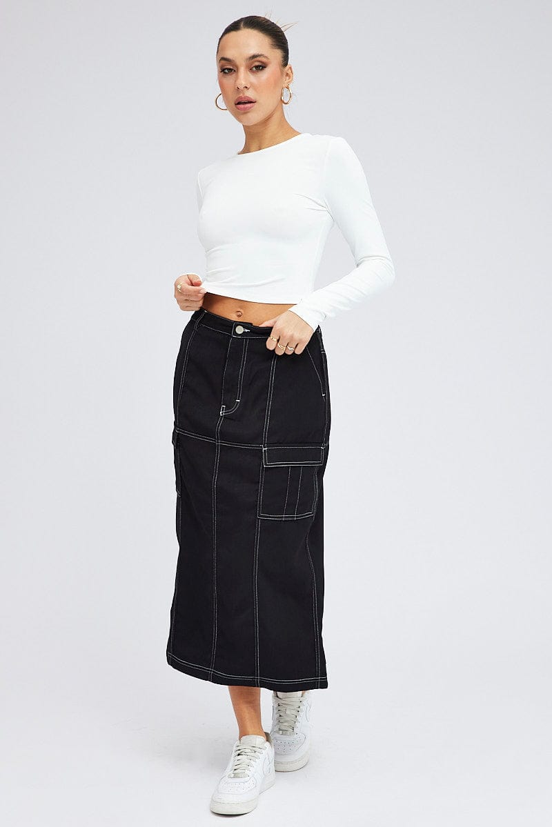 Black Cargo Skirt Mid Rise Contrast Detail Utility