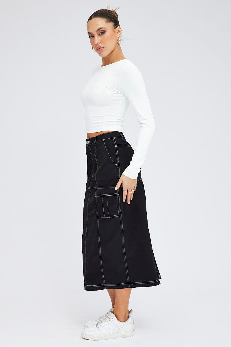 Black Cargo Skirt Mid Rise Contrast Detail Utility