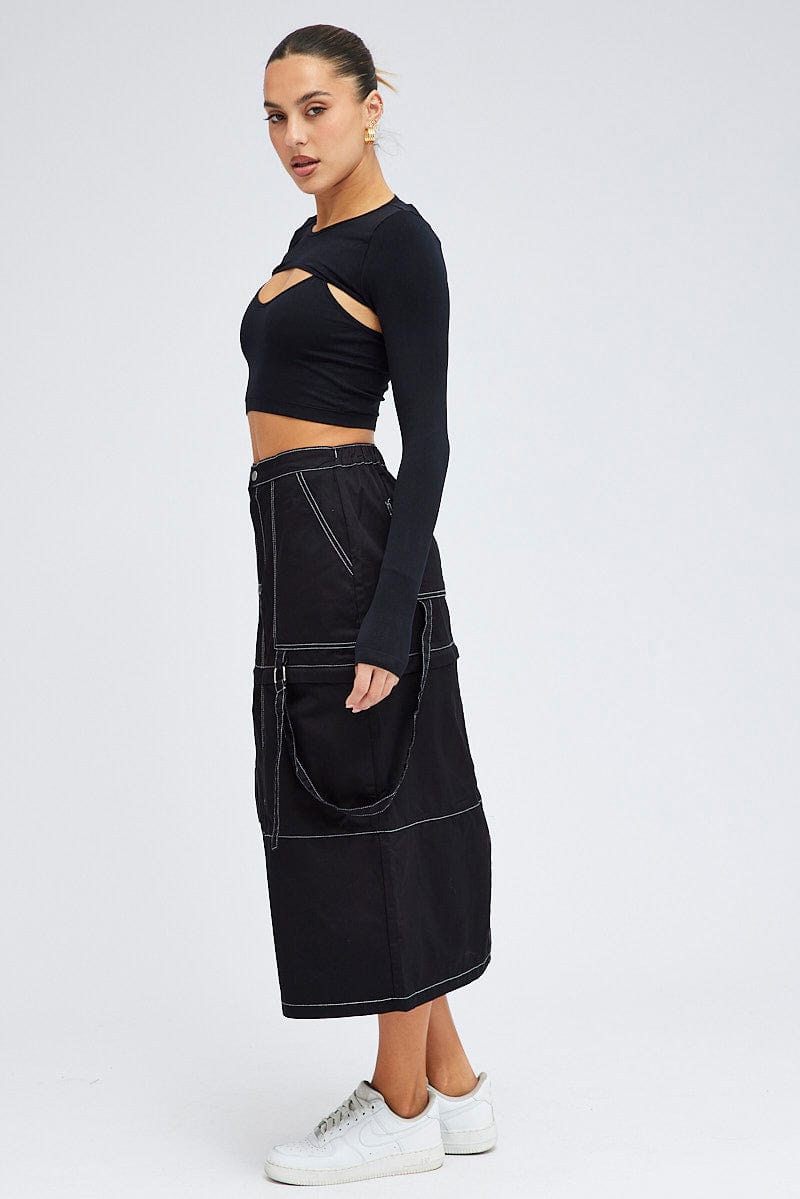 Black Cargo Skirt High Rise Elastic Two-way Midi Mini