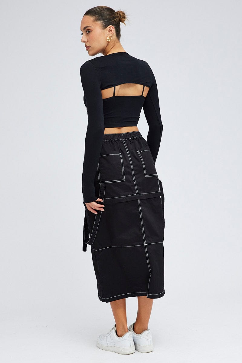 Black Cargo Skirt High Rise Elastic Two-way Midi Mini