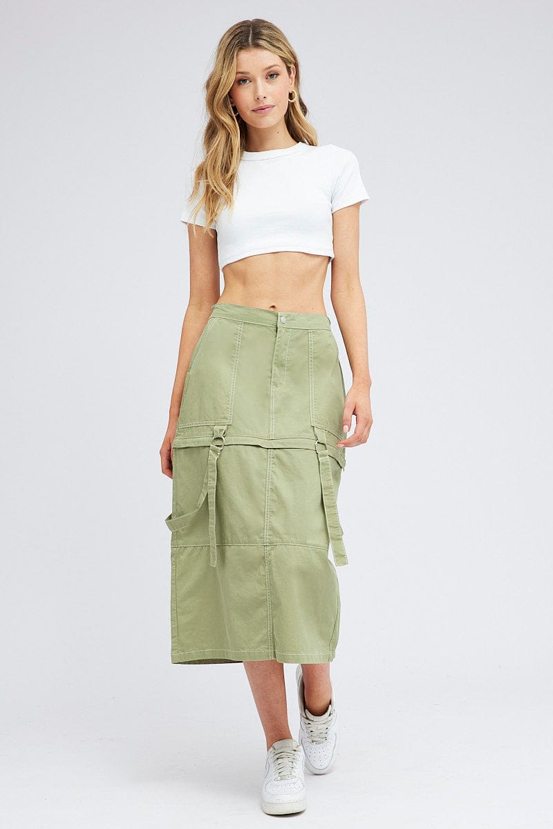 Green Cargo Skirt High Rise Elastic Two-way Midi Mini