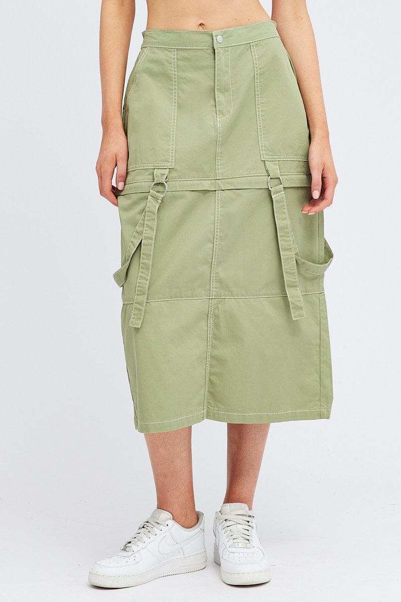 Green Cargo Skirt High Rise Elastic Two-way Midi Mini