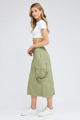 Green Cargo Skirt High Rise Elastic Two-way Midi Mini