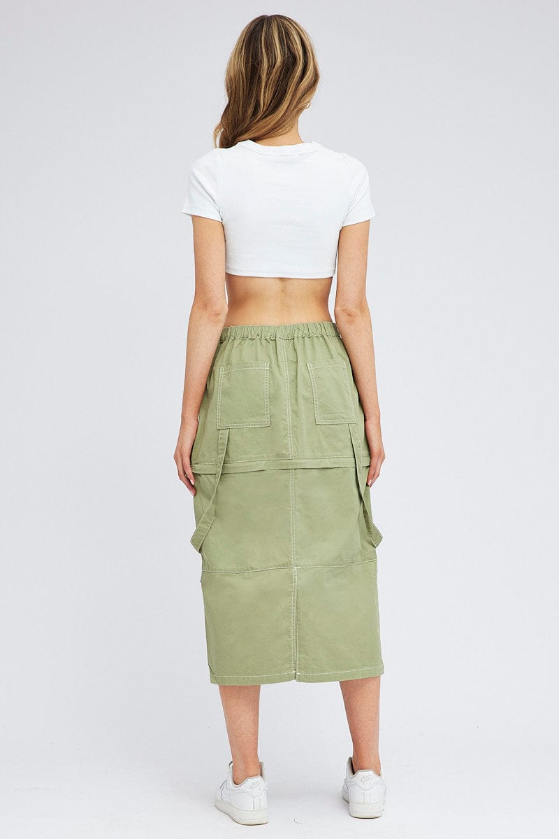 Green Cargo Skirt High Rise Elastic Two-way Midi Mini