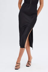 Black Slip Skirt Midi High Rise Satin