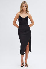 Black Slip Skirt Midi High Rise Satin