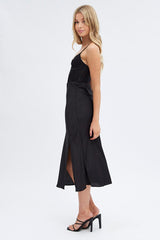 Black Slip Skirt Midi High Rise Satin