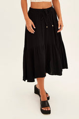 Black Asymmetrical Hem Tie Waist Midi Skirt