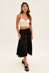 Black Asymmetrical Hem Tie Waist Midi Skirt