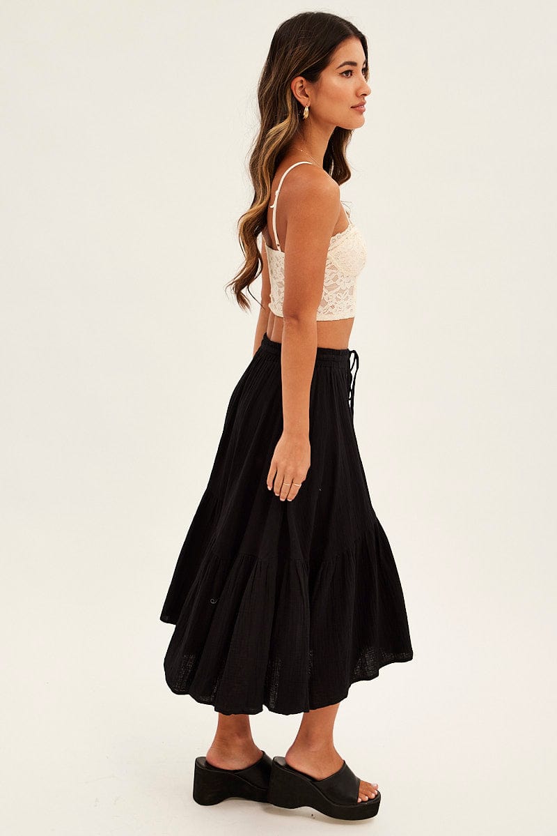 Black Asymmetrical Hem Tie Waist Midi Skirt