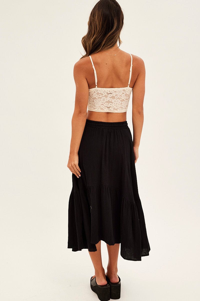 Black Asymmetrical Hem Tie Waist Midi Skirt