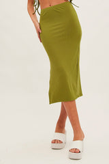 Green Midi Skirt Rib Jersey Side Slit Midi