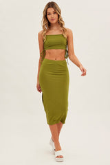 Green Midi Skirt Rib Jersey Side Slit Midi