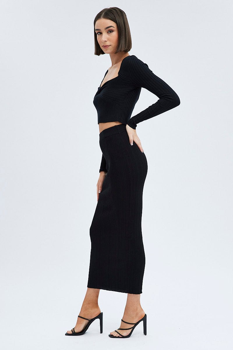 Black Knit Skirt High Rise Maxi