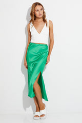 Green Slip Skirt Midi High Rise Satin