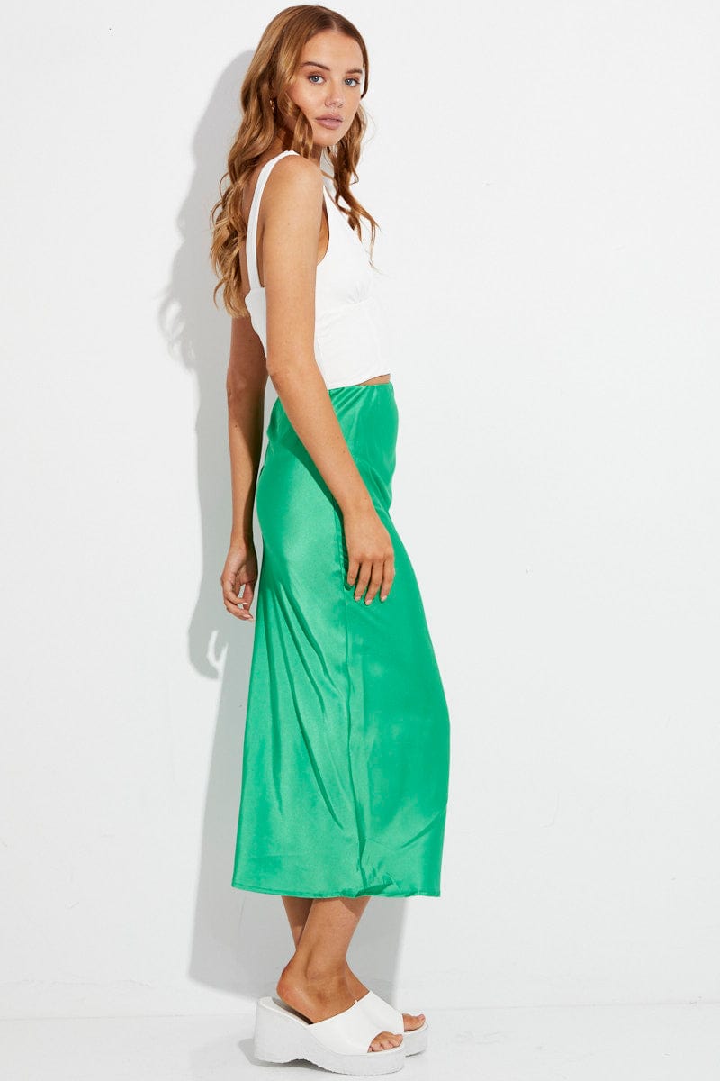 Green Slip Skirt Midi High Rise Satin