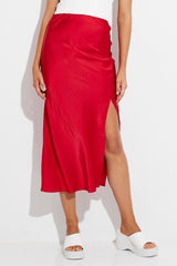 Red Slip Skirt Midi High Rise Satin