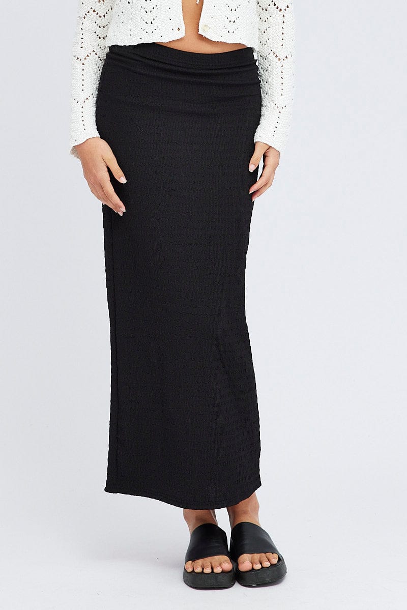 Black Midi Skirt High Rise Textured Jersey