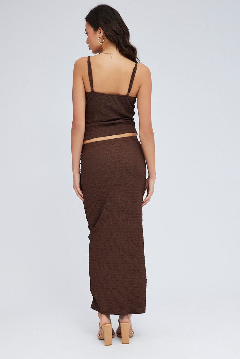 Brown Midi Skirt High Rise Textured Jersey