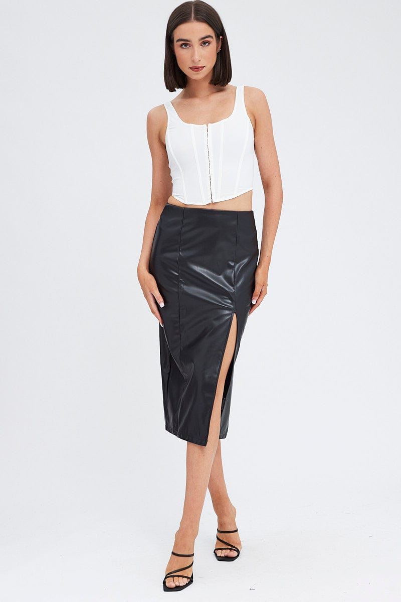 Black Midi Skirt Front Split Faux Leather