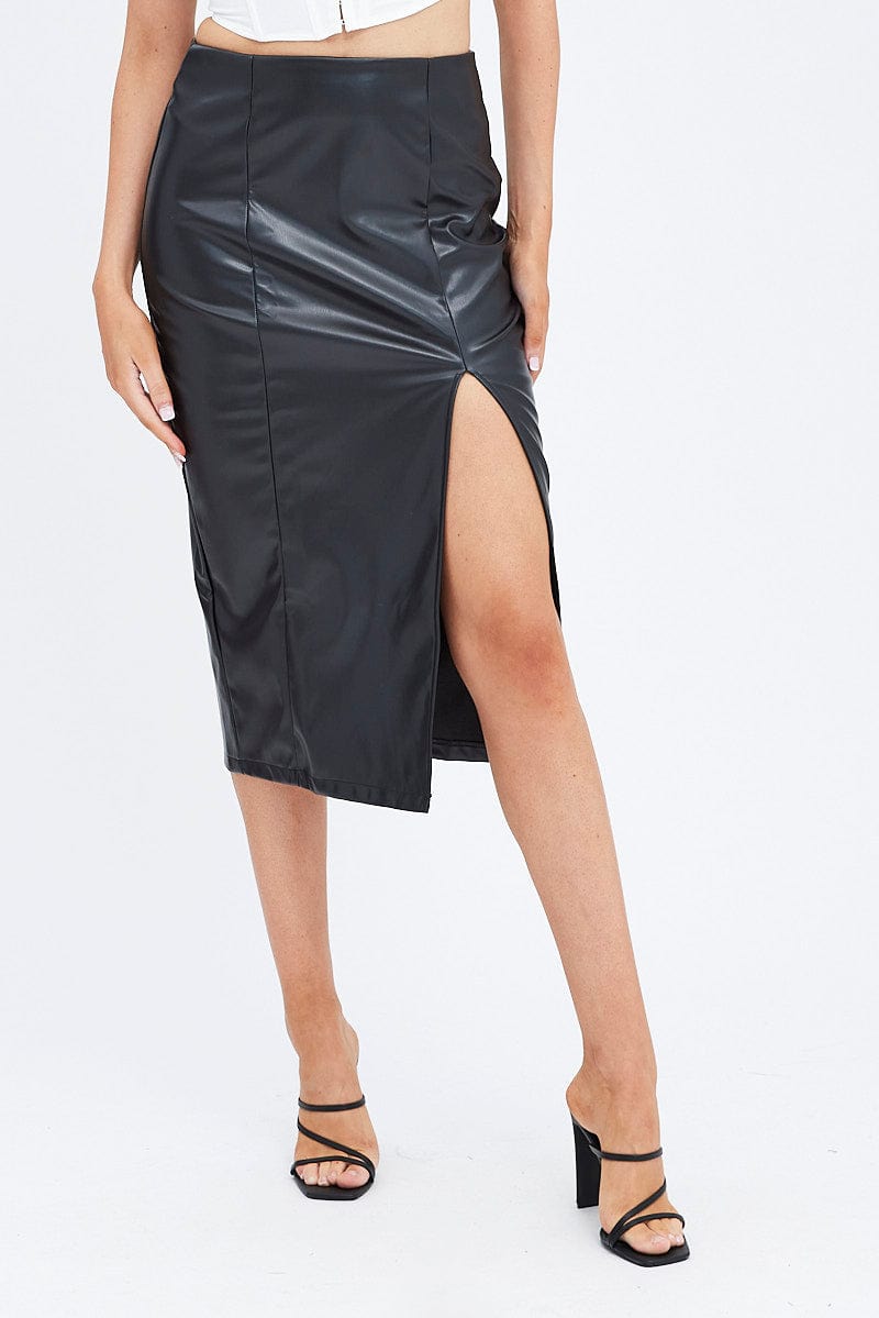 Black Midi Skirt Front Split Faux Leather