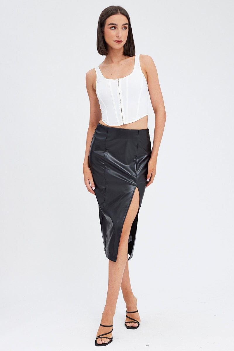 Black Midi Skirt Front Split Faux Leather