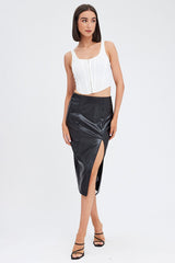 Black Midi Skirt Front Split Faux Leather