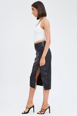 Black Midi Skirt Front Split Faux Leather