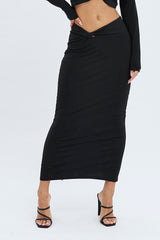 Black Midi Skirt Twisted Waist Double Layer