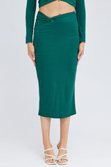 Green Midi Skirt Twisted Waist Double Layer