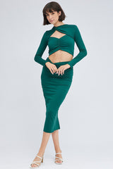 Green Midi Skirt Twisted Waist Double Layer