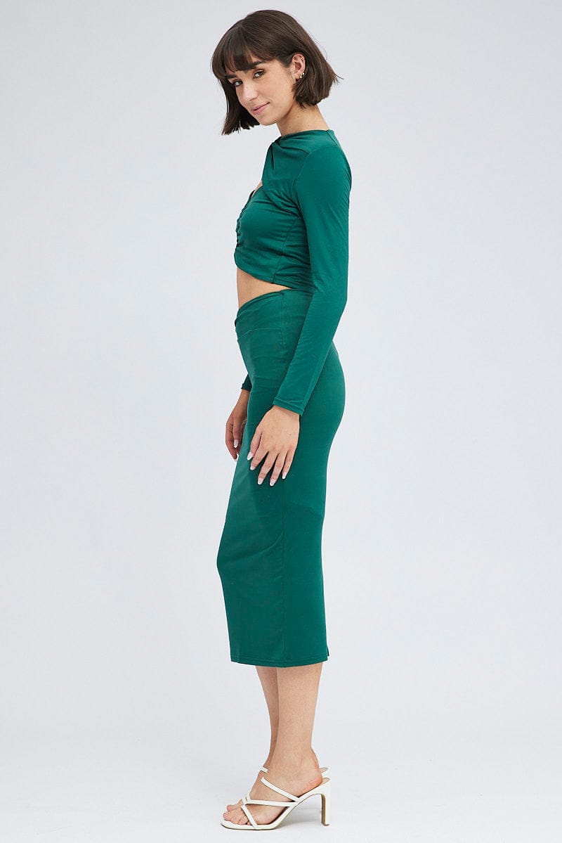 Green Midi Skirt Twisted Waist Double Layer