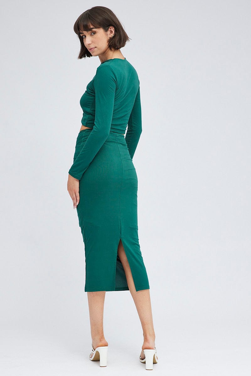 Green Midi Skirt Twisted Waist Double Layer