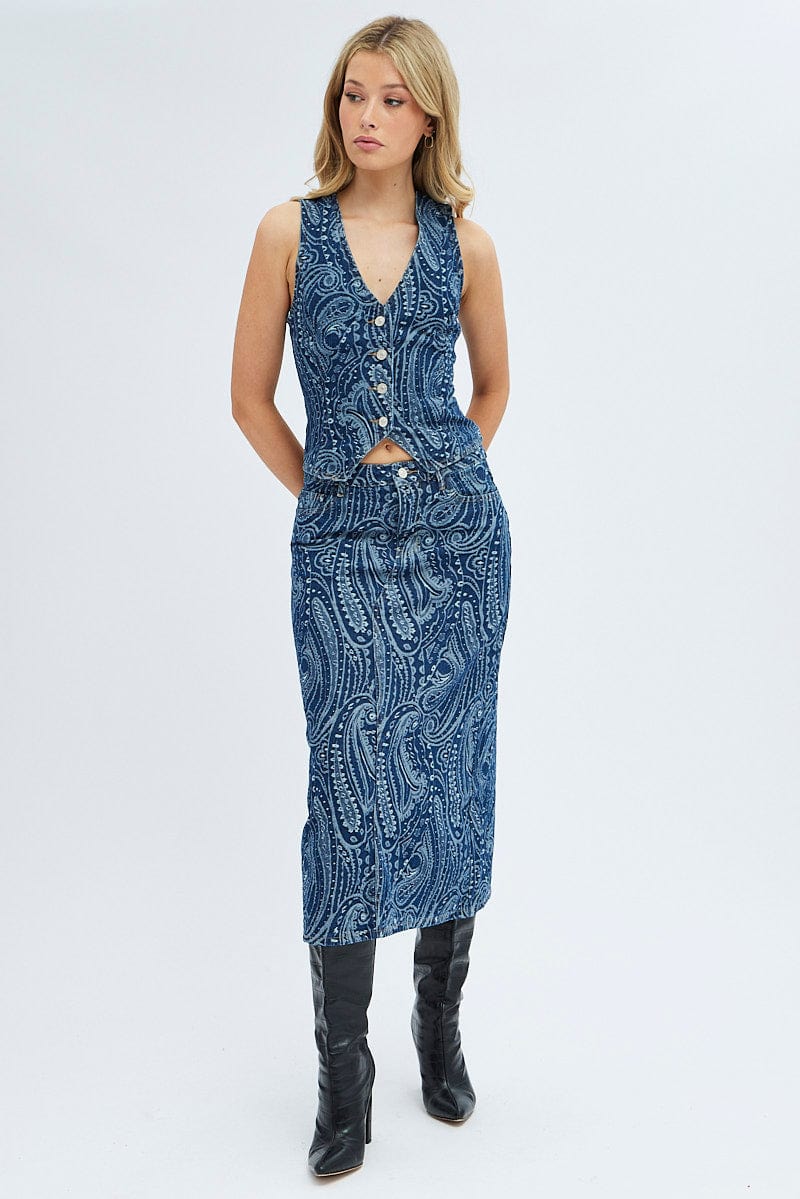 Denim Midi Skirt Mid Rise Straight Fit Paisley Denim