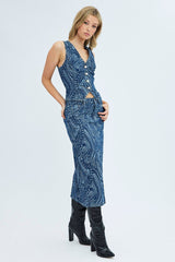 Denim Midi Skirt Mid Rise Straight Fit Paisley Denim