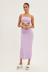 Purple Midi Skirt Bodycon Tie Contrast Ribbed