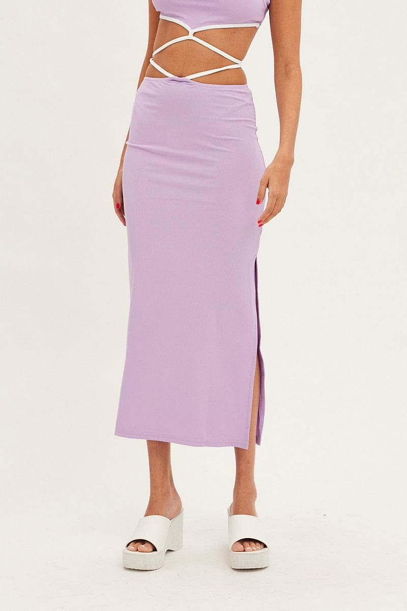 Purple Midi Skirt Bodycon Tie Contrast Ribbed