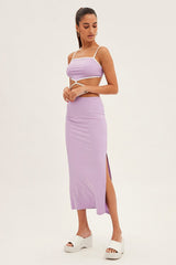 Purple Midi Skirt Bodycon Tie Contrast Ribbed