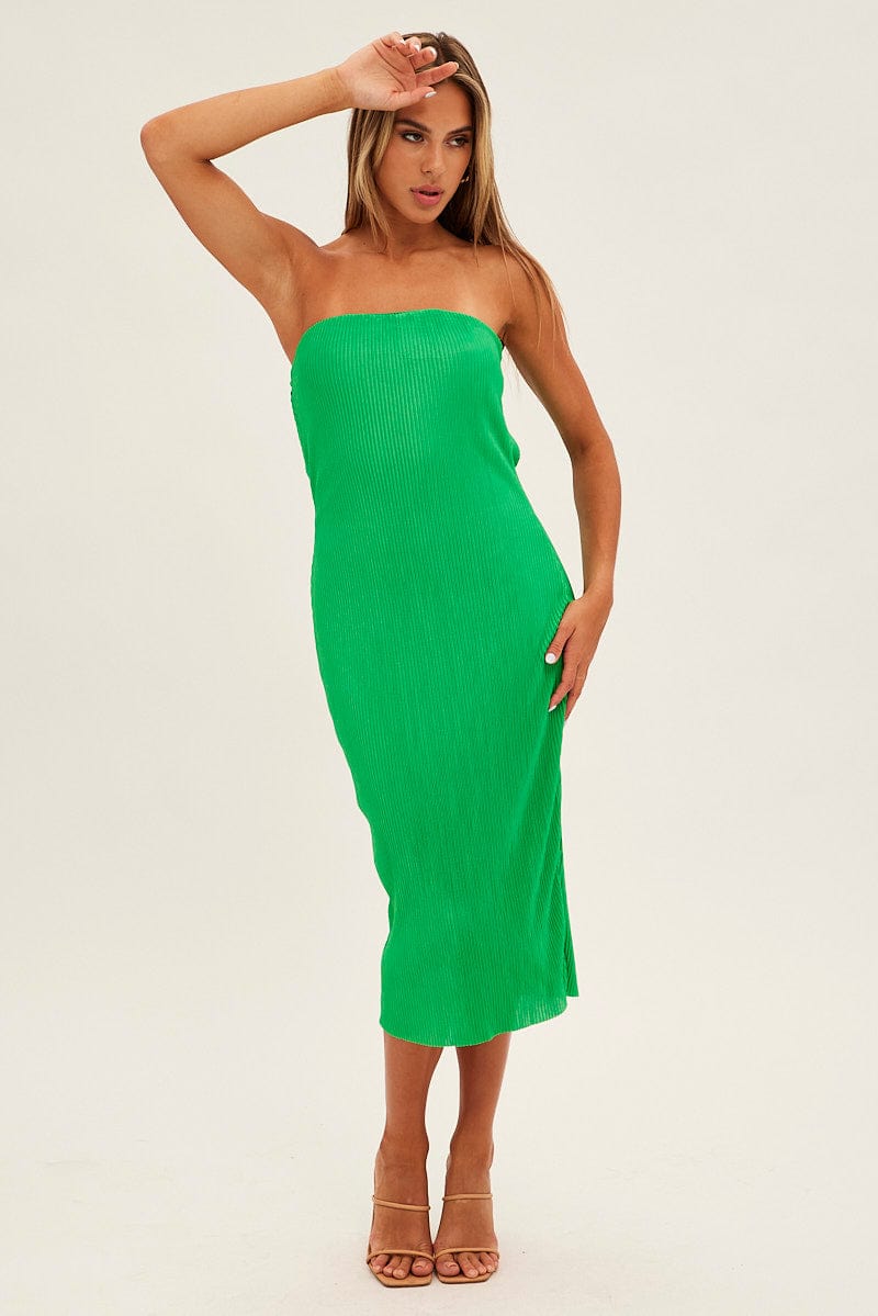 Green Midi Dress Bandeau Plisse