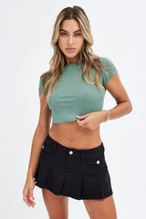 Black Micro Mini Skirt Low Rise Pleated Cargo Lined